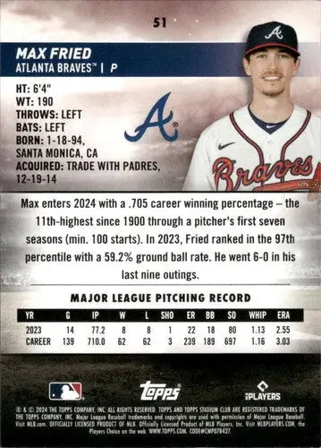 Original gloss 2024 Topps Stadium Club Max Fried baseball card Braves ID 75247