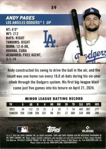 Baseball card back with original gloss from 2024 Topps Stadium Club Andy Pages rookie