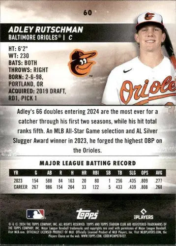 Original gloss Topp’s Stadium Club 2024 Adley Rutschman baseball card Orioles
