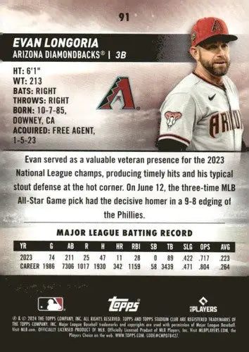 Original gloss baseball card from Topps Stadium Club featuring Evan Longoria Diamondbacks