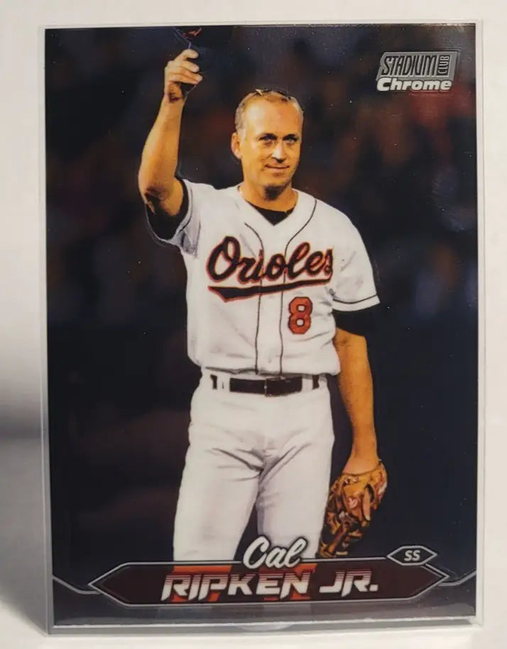 Baseball trading card of Cal Ripken Jr in Baltimore Orioles uniform from Topps Stadium Club