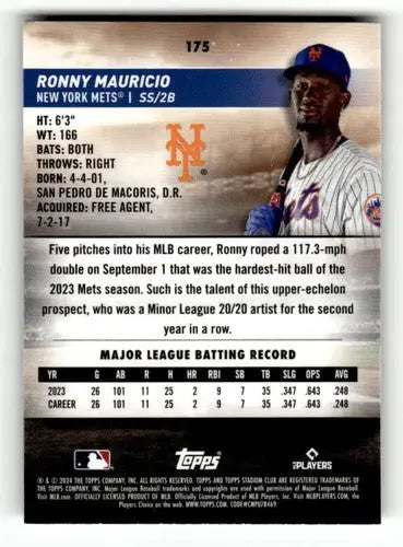 2024 Topps Stadium Club Chrome #175 Ronny Mauricio NM-MT RC Rookie Mets ID:76433 - Baseball Card Single