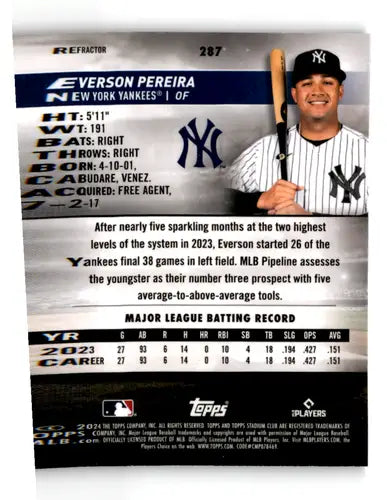 Baseball card back with original gloss from 2024 Topps Stadium Club Chrome Refractor
