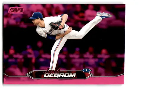Baseball card featuring Jacob deGrom from 2024 Topps Stadium Club Pink Foil product