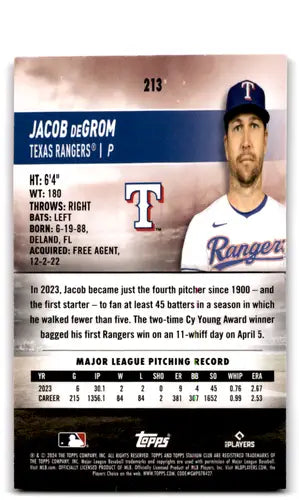 Baseball card back showing Topps Stadium Club Pink foil design for Jacob deGrom