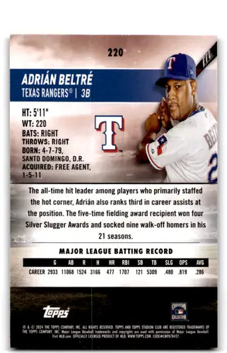 Adrián Beltré baseball card from 2024 Topps Stadium Club Pink Foil featuring Rangers