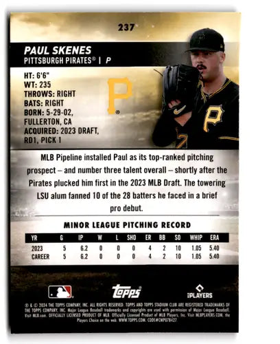 Paul Skenes baseball card with original gloss from 2024 Topps Stadium Club Pink Foil
