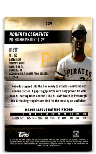 Roberto Clemente baseball card from 2024 Topps Stadium Club Pink Foil collection