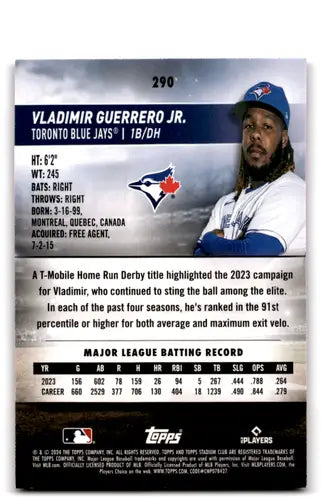 Baseball card back from 2024 Topps Stadium Club Pink Foil featuring Vladimir Guerrero Jr