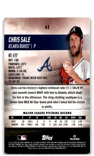 2024 Topps Stadium Club Pink Foil #62 Chris Sale NM-MT Braves ID:76409 - Baseball Card Single