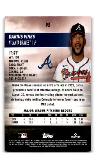 Darius Vines baseball card from 2024 Topps Stadium Club Pink Foil series