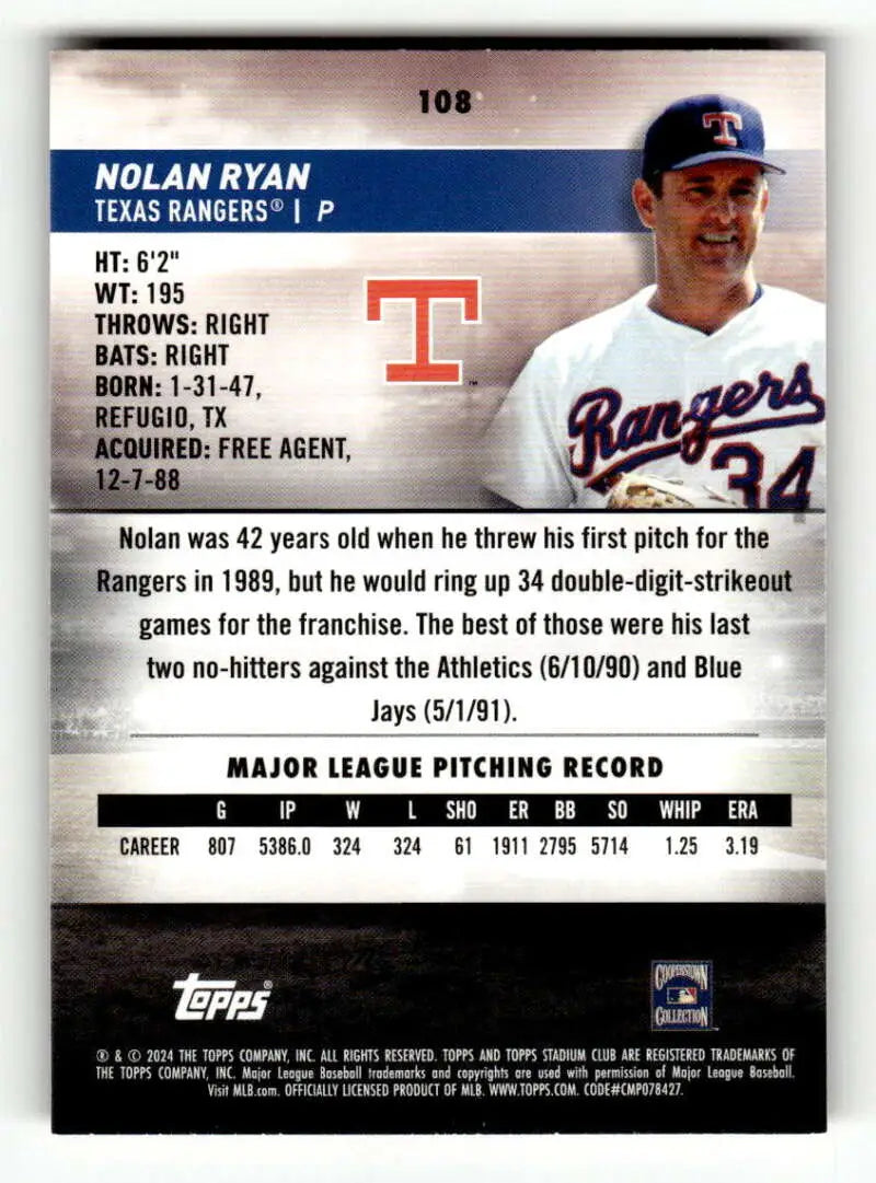 Original gloss Nolan Ryan baseball card from 2024 Topps Stadium Club Red Foil