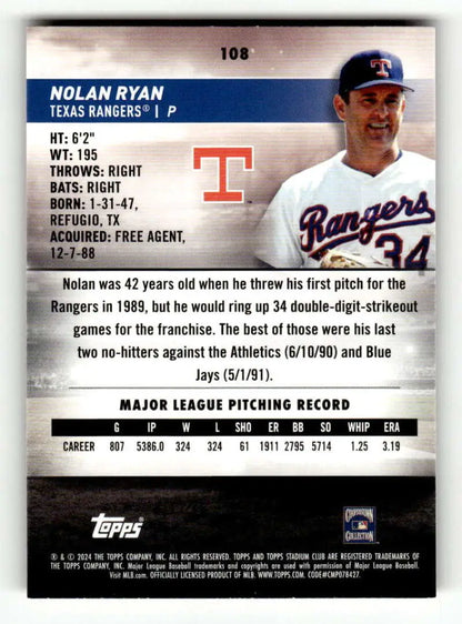 Original gloss Nolan Ryan baseball card from 2024 Topps Stadium Club Red Foil