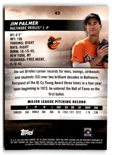 2024 Topps Stadium Club Red Foil #43 Jim Palmer NM Near Mint Orioles ID:75220 - Baseball Card Single