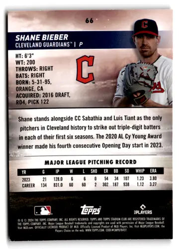 Baseball card featuring Shane Bieber from 2024 Topps Stadium Club Red Foil series