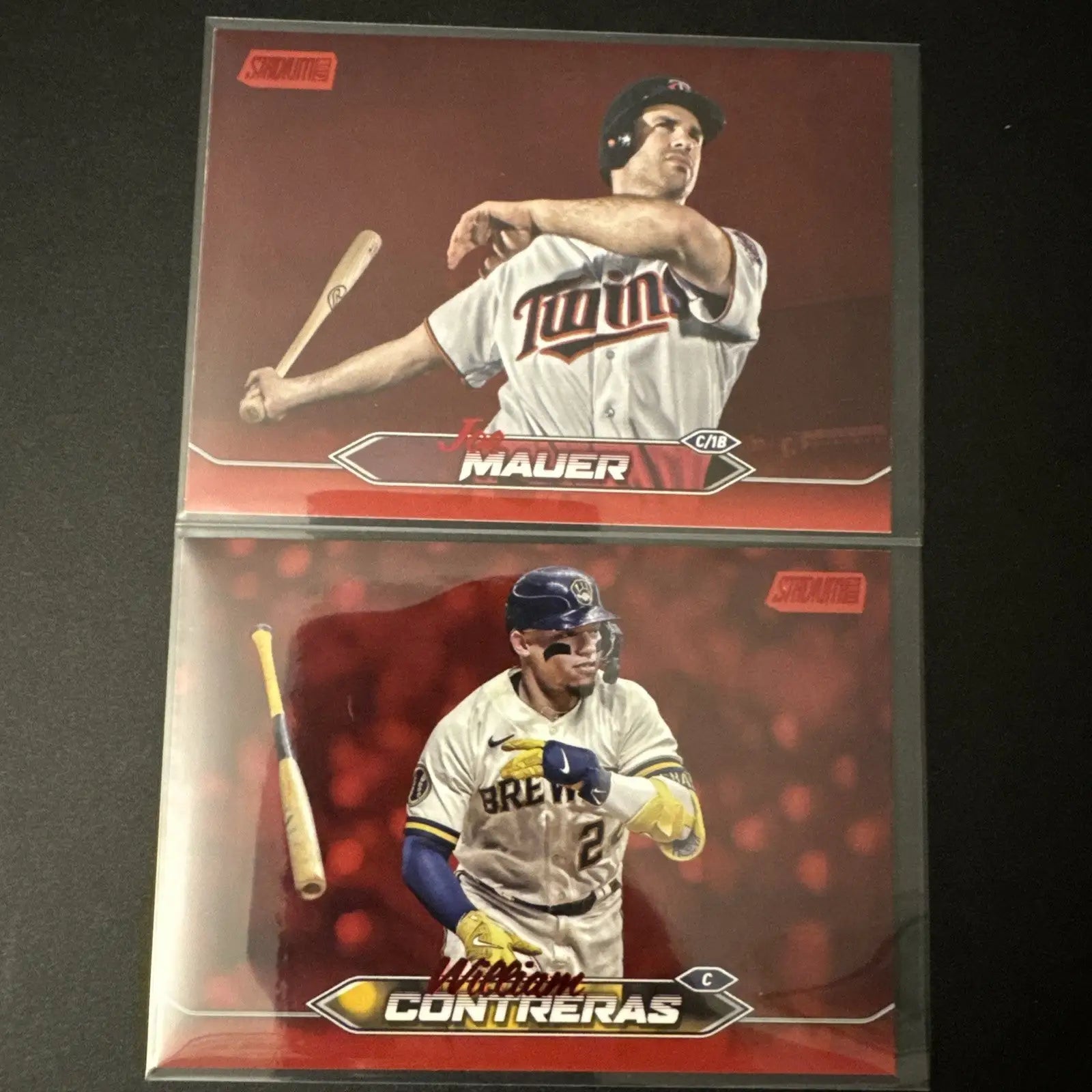 Two Topps Stadium Club baseball trading cards featuring Mauer and William Contreras