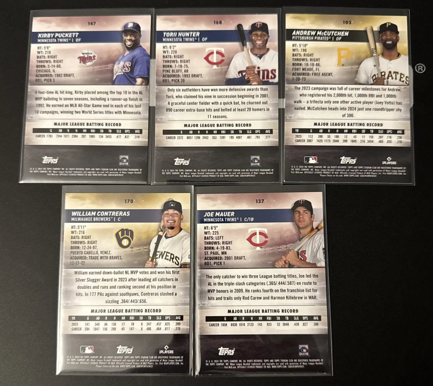 Five collectible Topps Stadium Club baseball cards featuring famous Major League Baseball players