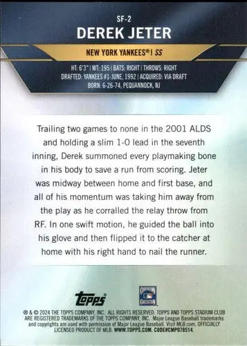 Original gloss Derek Jeter baseball card back from 2024 Topps Stadium Club Special Forces