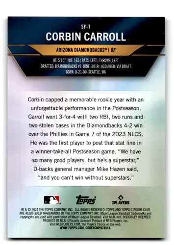 Original gloss Corbin Carroll baseball card from 2024 Topps Stadium Club Special Forces