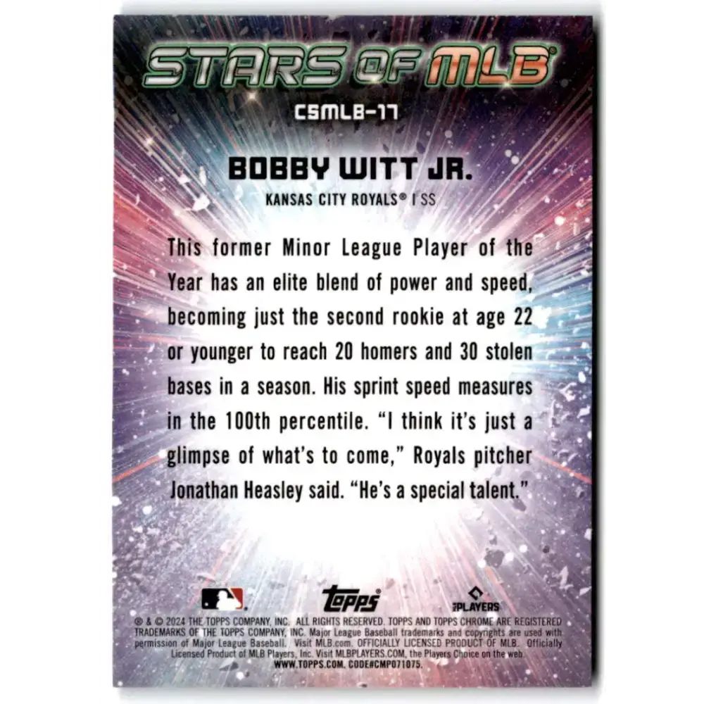 2024 Topps Stars of MLB Chrome #CSMLB-17 Bobby Witt Jr. NM-MT Kansas City Royals Baseball Card - Baseball Card Single