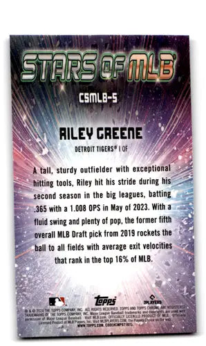 MLB Chrome baseball card of Riley Greene from 2024 Topps Stars of MLB collection