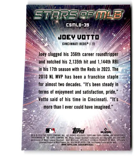 Joey Votto baseball card from 2024 Topps Stars of MLB Chrome Refractor series featuring original gloss and MLB chrome finish