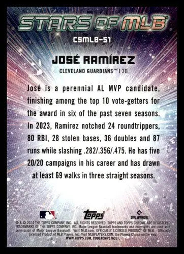 Baseball trading card of José Ramírez from 2024 Topps Stars MLB Chrome Refractor