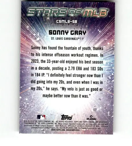 Baseball card back from 2024 Topps Stars of MLB Chrome Refractor #CSMLB-58 Sonny Gray