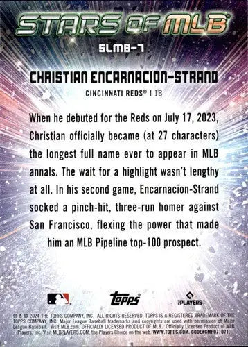 Baseball card back from 2024 Topps Stars of MLB featuring Christian Encarnacion-Stra with original gloss
