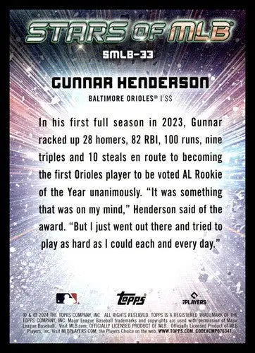 2024 Topps Stars of MLB Gunnar Henderson baseball card with original gloss Orioles ID 76442