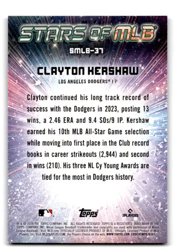 2024 Topps Stars of MLB #SMLB-37 Clayton Kershaw NM-MT Dodgers ID:70812 - Baseball Card Single