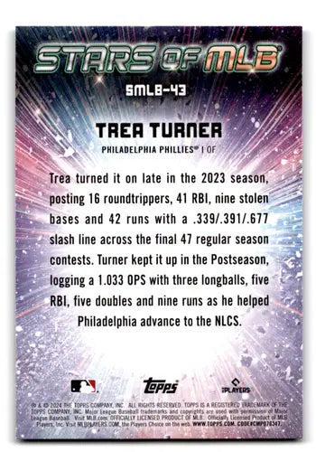 Back of 2024 Topps Stars of MLB Trea Turner baseball card with original gloss