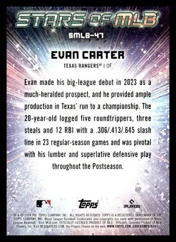 Original gloss 2024 Topps Stars Evan Carter baseball trading card Texas Rangers ID 71291