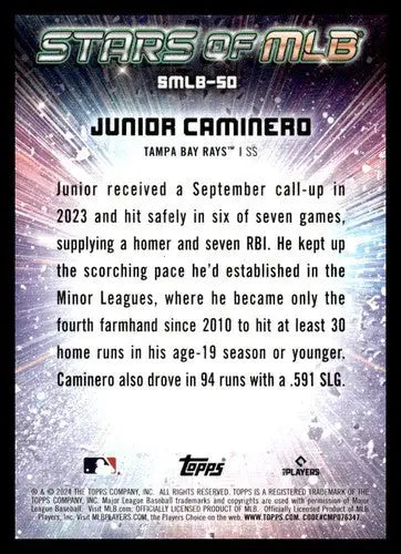 Reverse side of 2024 Topps Stars of MLB Junior Caminero Rays trading card with 2023 stats