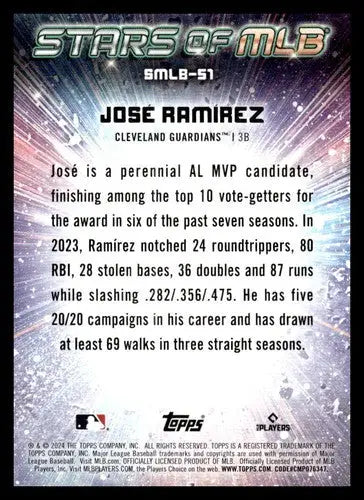 Original gloss of 2024 Topps Stars Jose Ramirez baseball card back with career stats