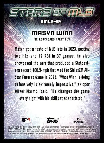 Original gloss 2024 Topps Stars Masyn Winn baseball card back with stats and manager quote