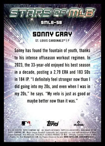 Original gloss of Topps Stars Sonny Gray baseball card with career stats and quote