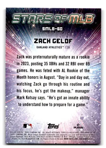 Back of 2024 Topps Stars Zack Gelof MLB card Oakland Athletics original gloss ID 71302