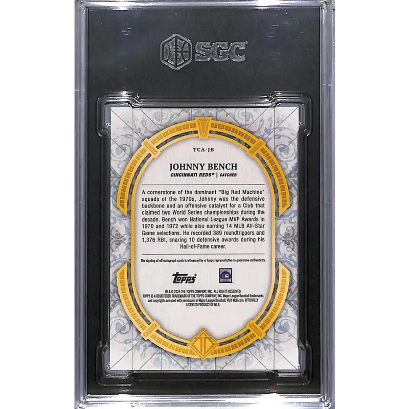 2024 Topps Transcendent #TCA-JB Johnny Bench SGC 10 Gem Auto 22/25 Cincinnati Reds - Baseball Card Single