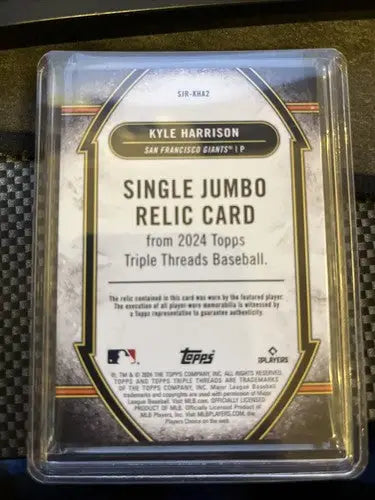 Baseball trading card in protective case from 2024 Topps Triple Threads Kyle Harrison RC Jumbo Relic Green /27 Giants