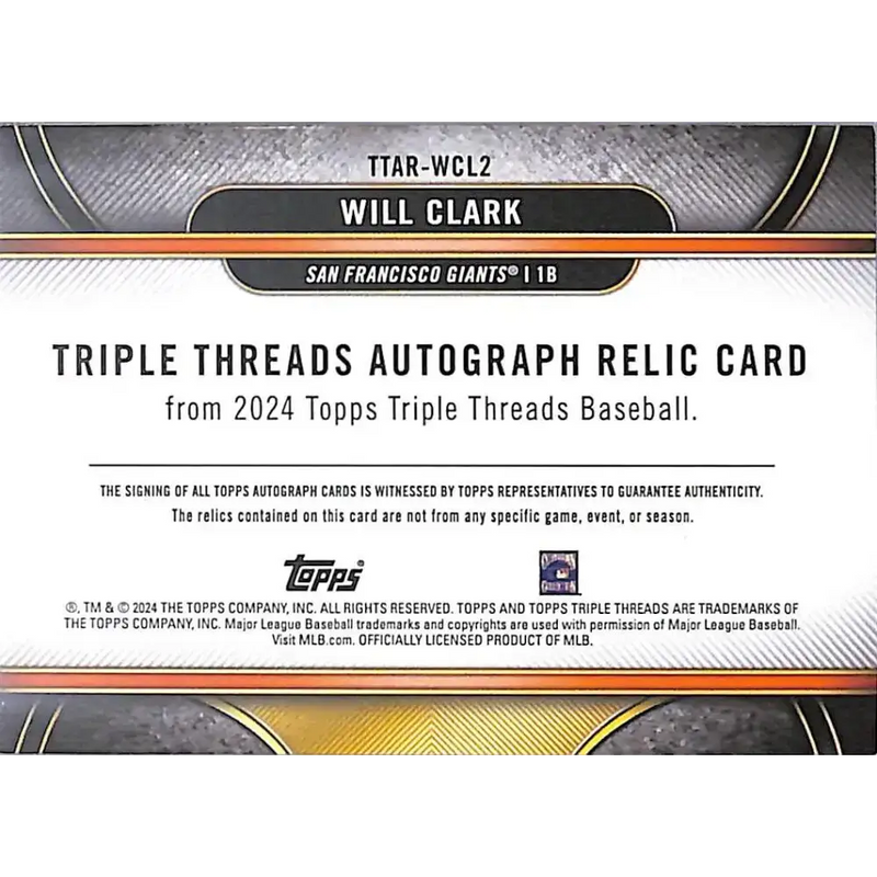 2024 Topps Triple Threads #TTAR-WCL2 Will Clark NM-MT MEM Auto 05/18 San Francisco Giants - Baseball Card Single