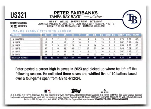 Original gloss US321 Peter Fairbanks baseball card in rainbow foil from 2024 Topps Update