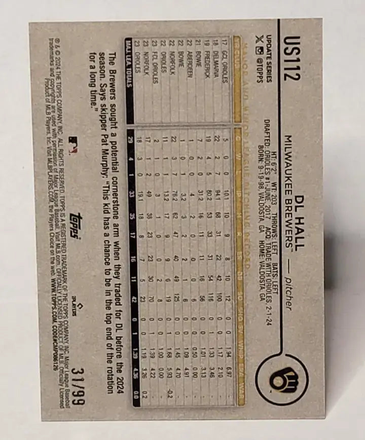 2024 Topps Update Series - DL Hall #US112 Vintage Stock Rare Stock #/99 - Baseball Card Single