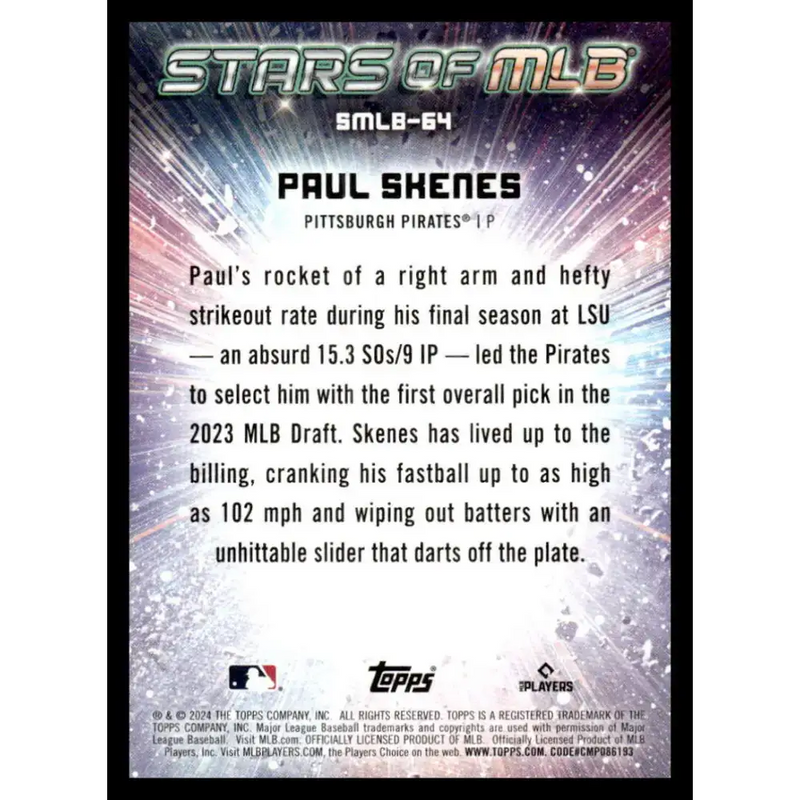 2024 Topps Update Stars of the MLB #SMLB-64 Paul Skenes NM-MT Pittsburgh Pirates Baseball Card - Baseball Card Single