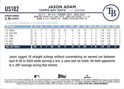 2024 Topps Update #US102 Jason Adam NM-MT Rays ID:74712 - Baseball Card Single