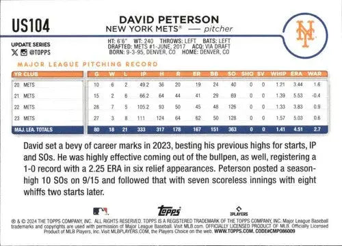 2024 Topps Update US104 David Peterson Mets baseball card NM-MT