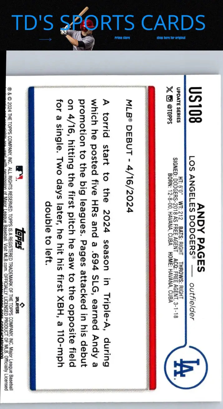Andrew Pages baseball card from 2024 Topps Update #US108 showcasing Andy Pages US108 Andy