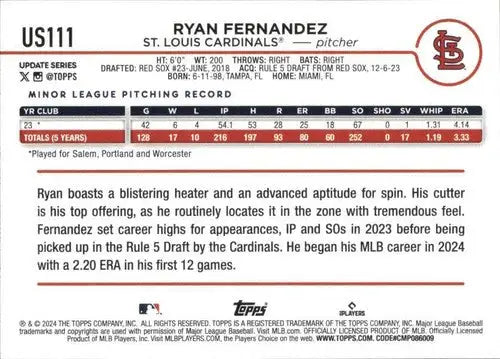 Original gloss 2024 Topps Update US111 Ryan Fernandez rookie card