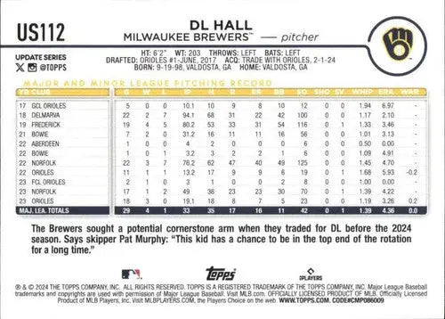 Original gloss 2024 Topps Update US112 DL Hall baseball card NM-MT Brewers ID 74716
