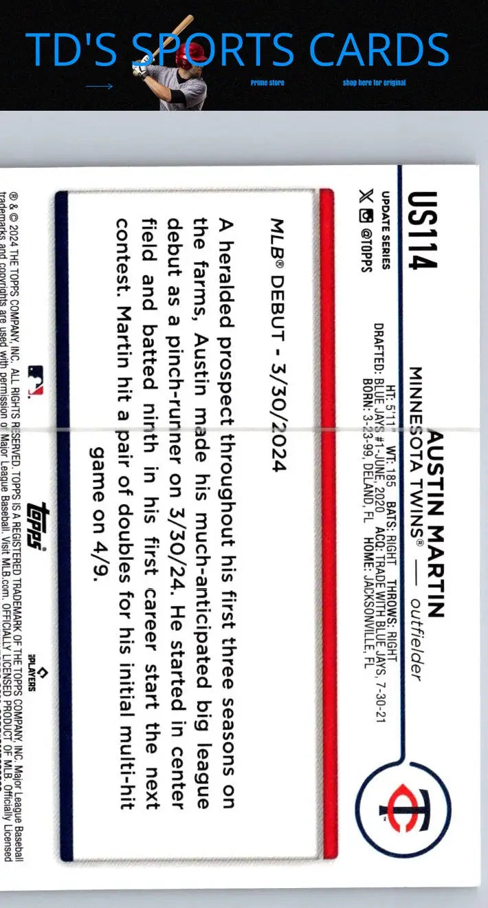 Austin Martin baseball card from 2024 Topps Update US114 featuring Austin Martin